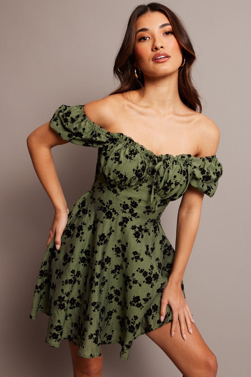 Green Ditsy Fit And Flare Dress Mini for Ally Fashion