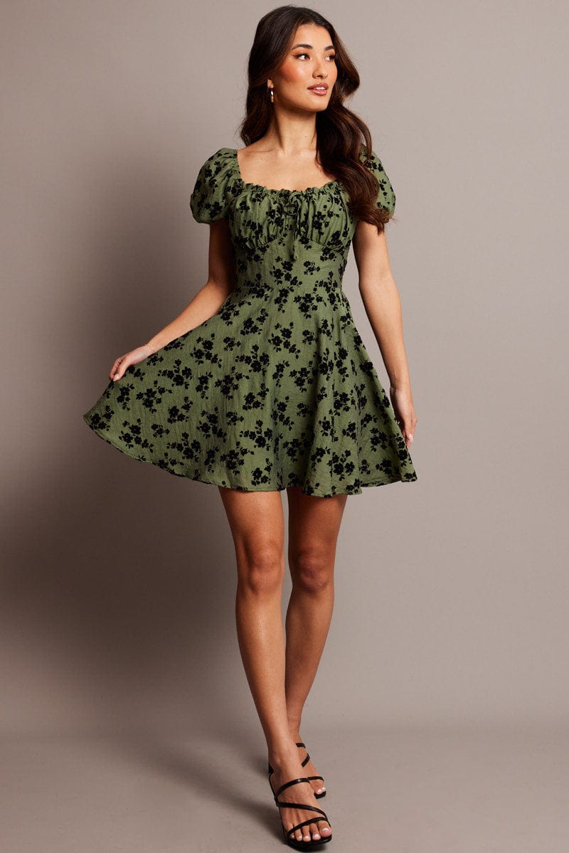 Green Ditsy Fit And Flare Dress Mini for Ally Fashion