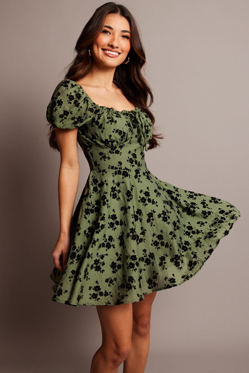 Green Ditsy Fit And Flare Dress Mini for Ally Fashion