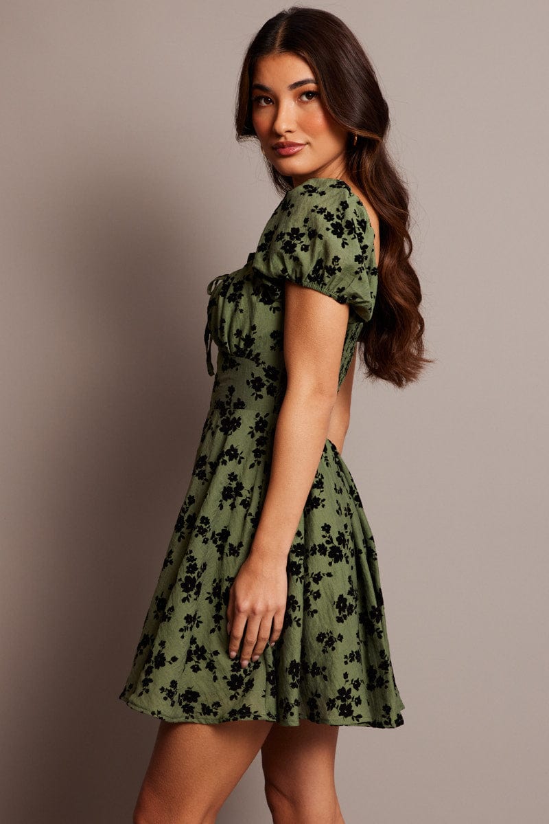 Green Ditsy Fit And Flare Dress Mini for Ally Fashion