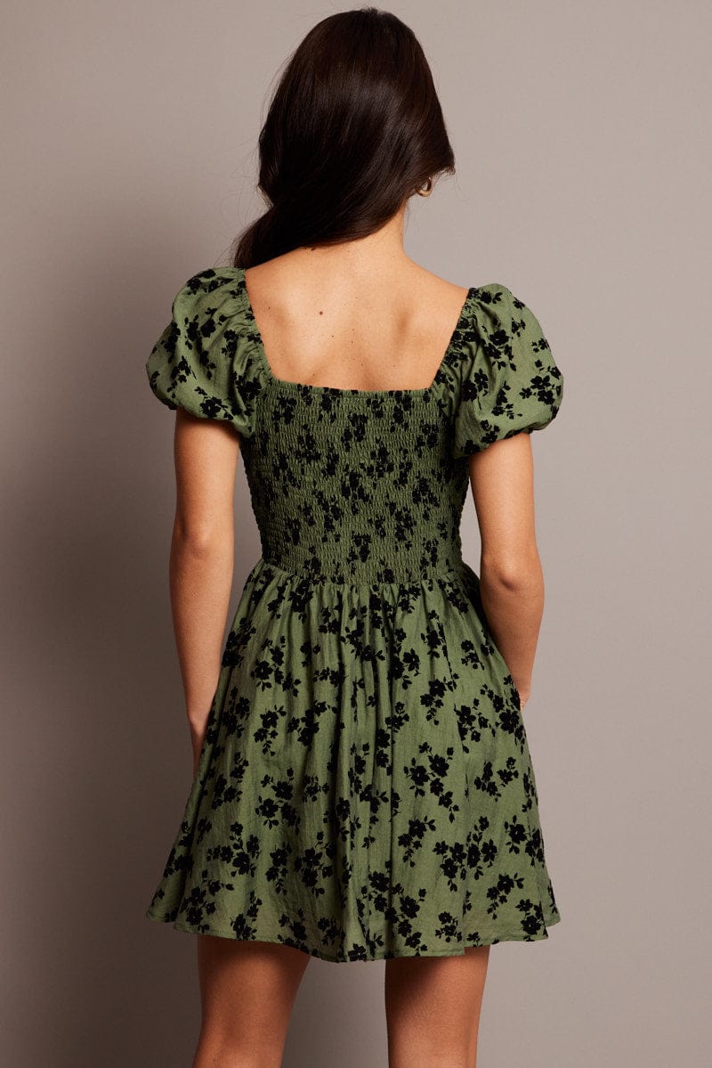 Green Ditsy Fit And Flare Dress Mini for Ally Fashion