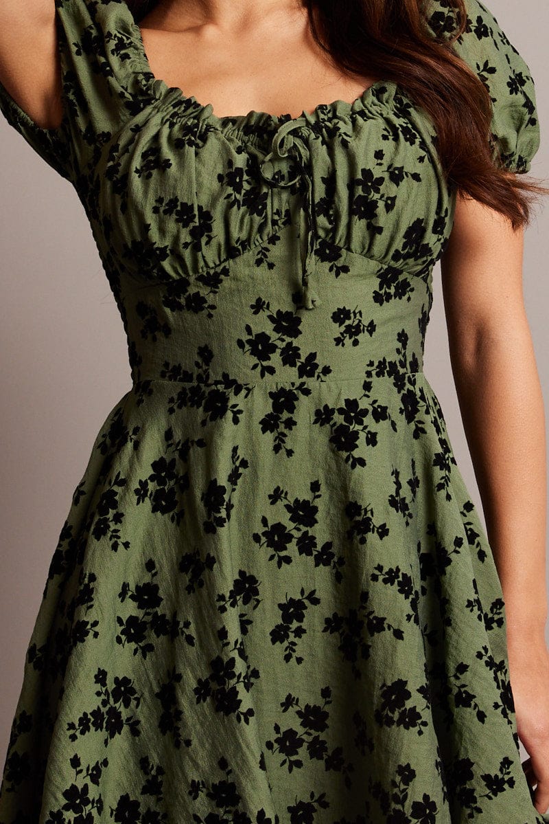 Green Ditsy Fit And Flare Dress Mini for Ally Fashion