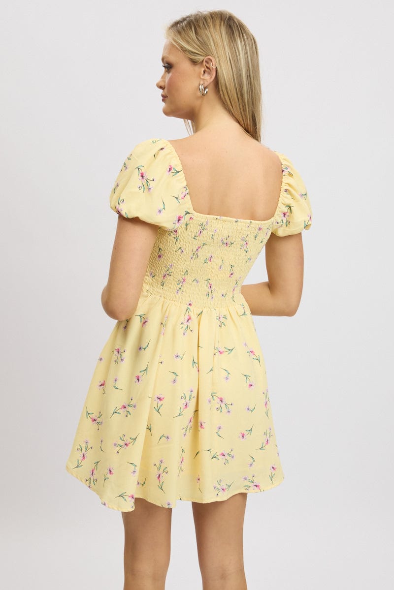 Yellow Floral Fit And Flare Dress Mini | Ally Fashion Yellow Floral Fit And Flare Dress Mini | Ally Fashion