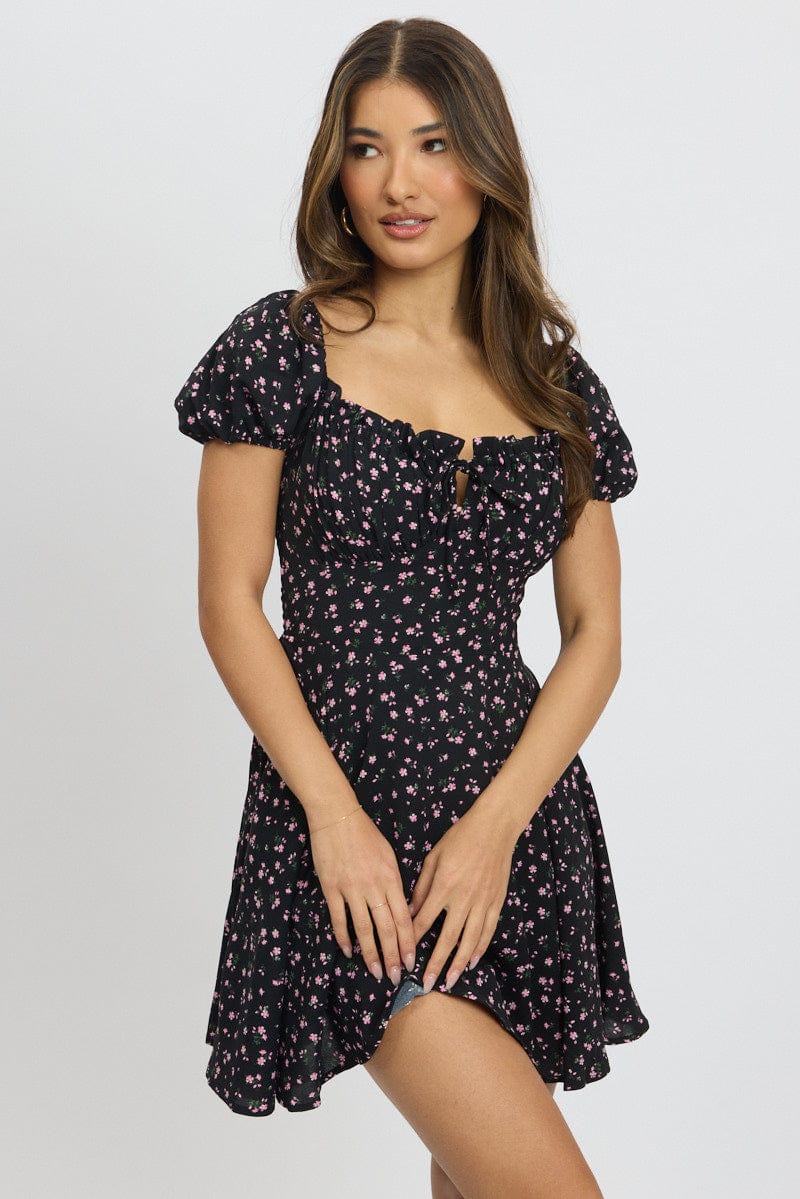 Black Ditsy Fit And Flare Dress Mini for Ally Fashion