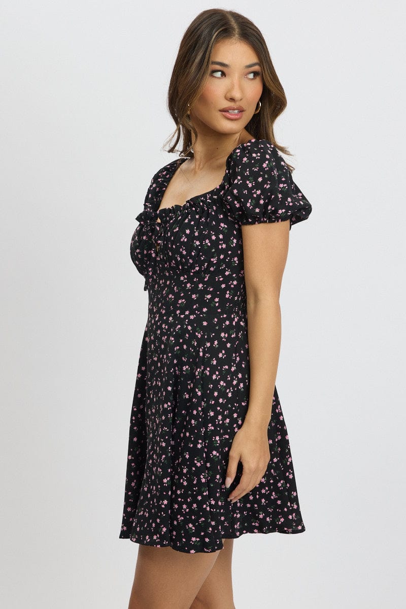 Black Ditsy Fit And Flare Dress Mini | Ally Fashion