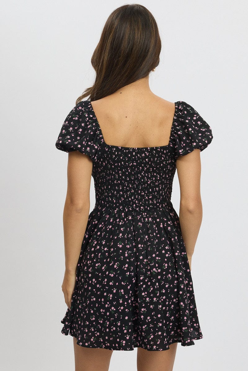 Black Ditsy Fit And Flare Dress Mini for Ally Fashion