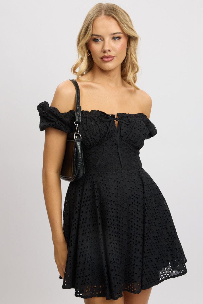 Black Fit And Flare Dress Mini Eyelet Fabric for Ally Fashion