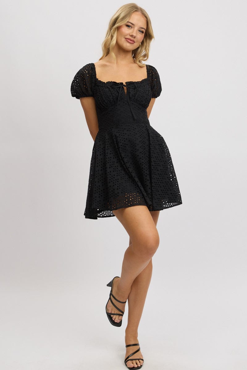 Black Fit And Flare Dress Mini Eyelet Fabric for Ally Fashion