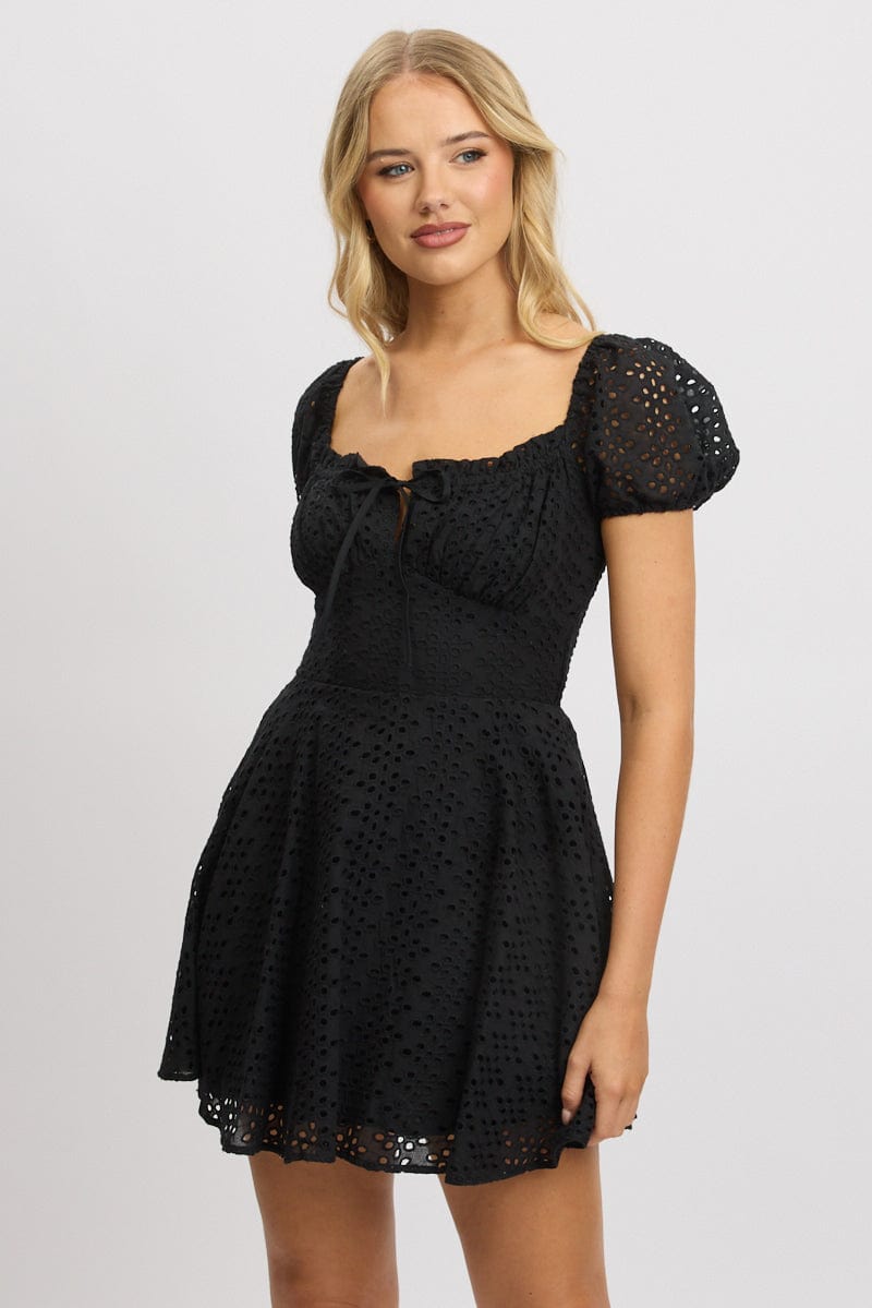 Black Fit And Flare Dress Mini Eyelet Fabric for Ally Fashion