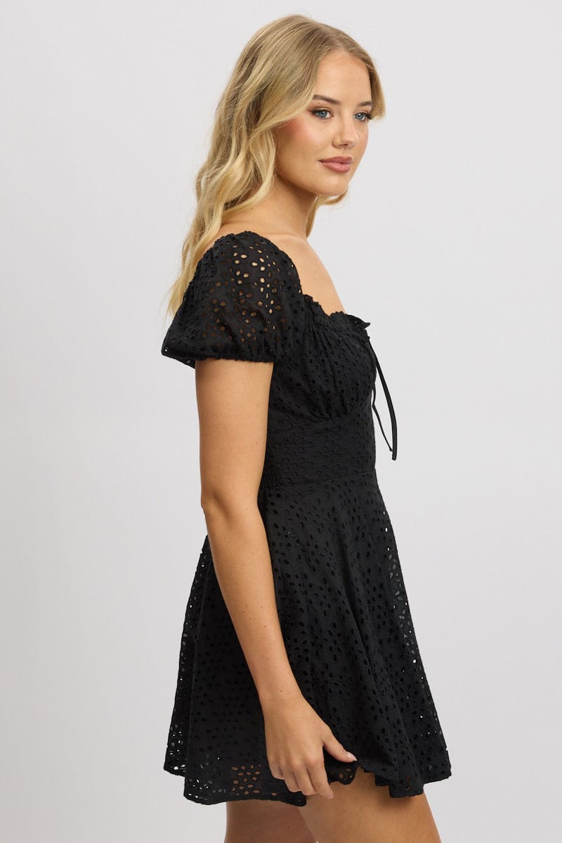 Black Fit And Flare Dress Mini Eyelet Fabric for Ally Fashion