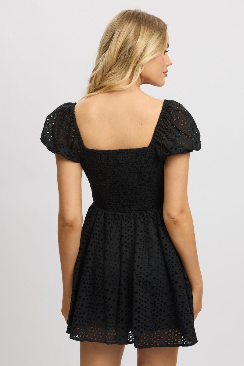 Black Fit And Flare Dress Mini Eyelet Fabric for Ally Fashion