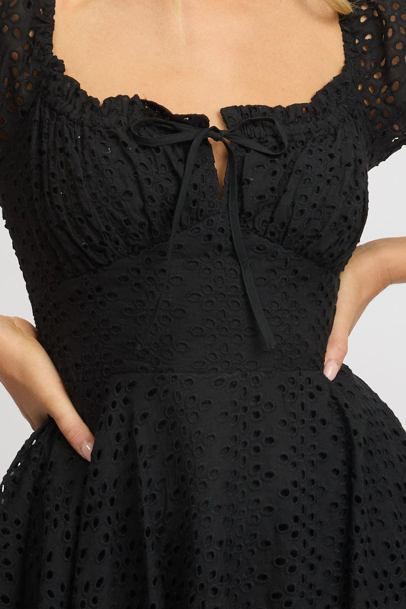 Black Fit And Flare Dress Mini Eyelet Fabric for Ally Fashion