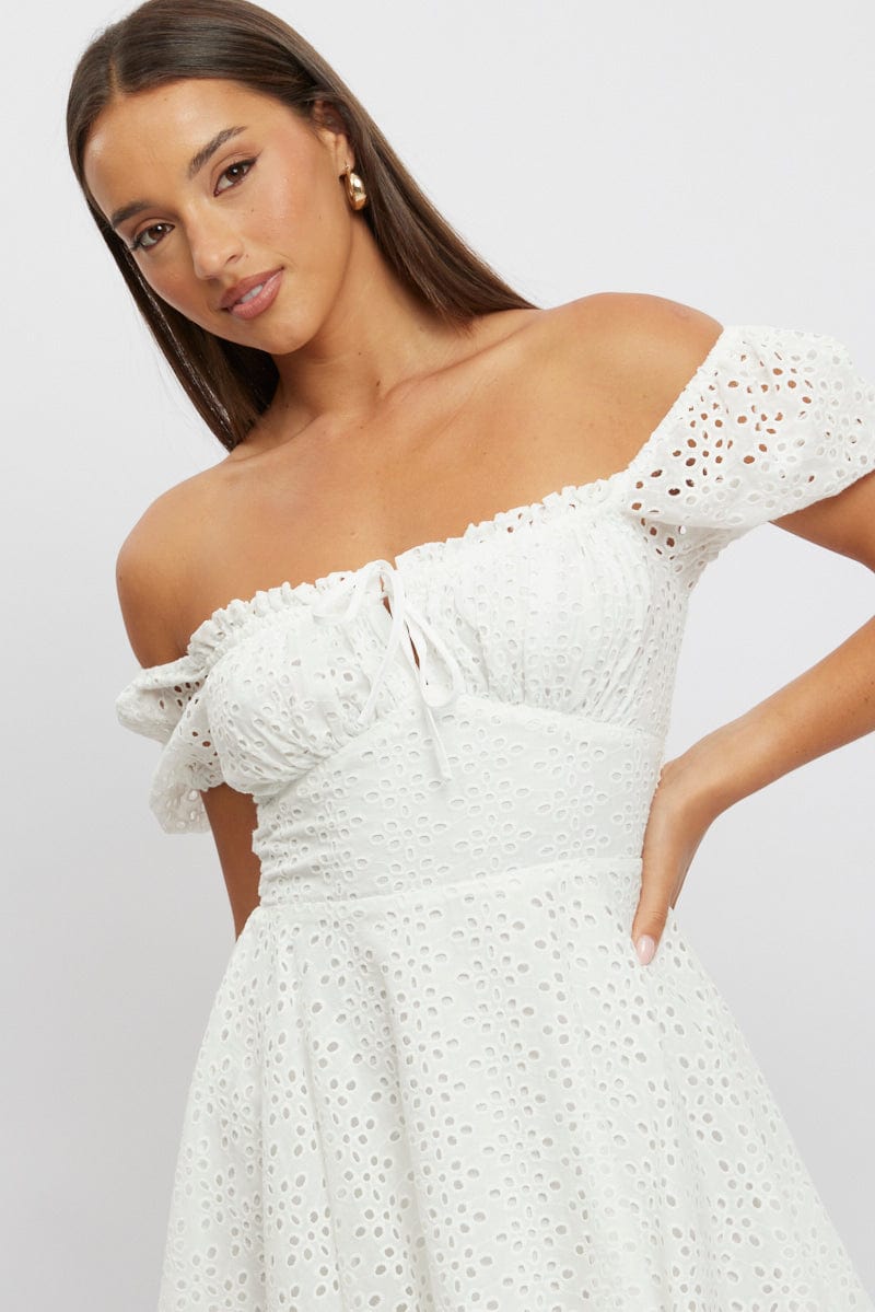 White Fit And Flare Dress Mini Eyelet Fabric | Ally Fashion White Fit And Flare Dress Mini Eyelet Fabric | Ally Fashion