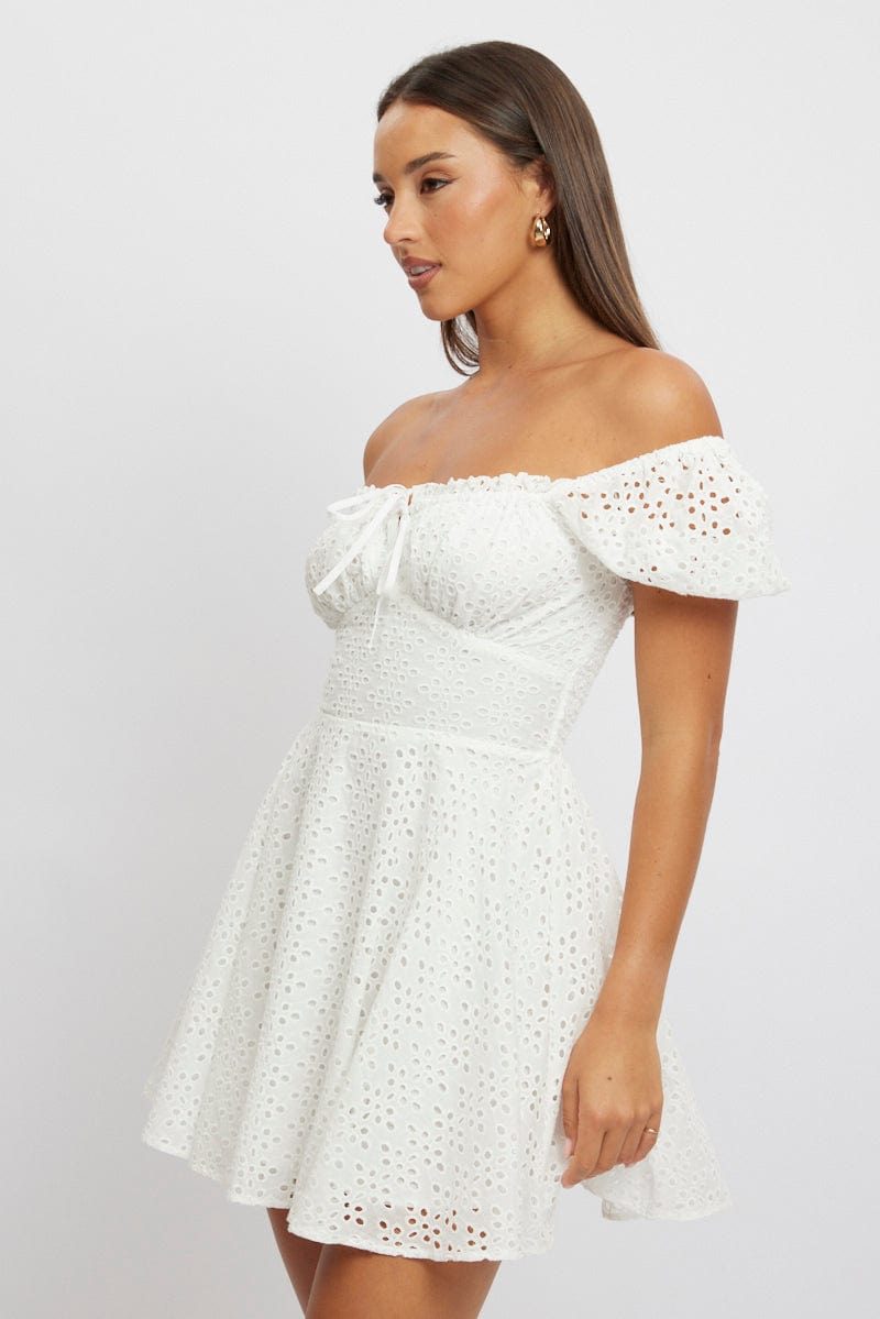 White Fit And Flare Dress Mini Eyelet Fabric | Ally Fashion White Fit And Flare Dress Mini Eyelet Fabric | Ally Fashion