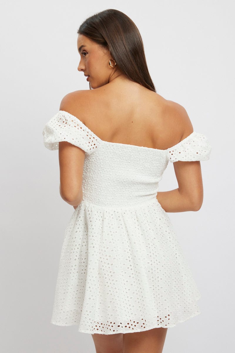 White Fit And Flare Dress Mini Eyelet Fabric | Ally Fashion White Fit And Flare Dress Mini Eyelet Fabric | Ally Fashion