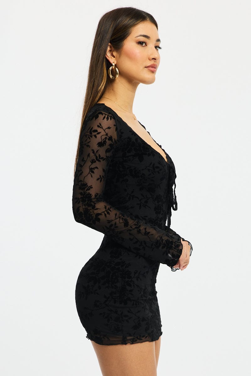Black Bodycon Dress Mini Long Sleeve Burnout for Ally Fashion