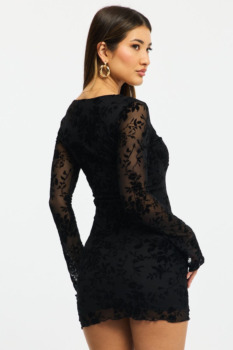 Black Bodycon Dress Mini Long Sleeve Burnout for Ally Fashion