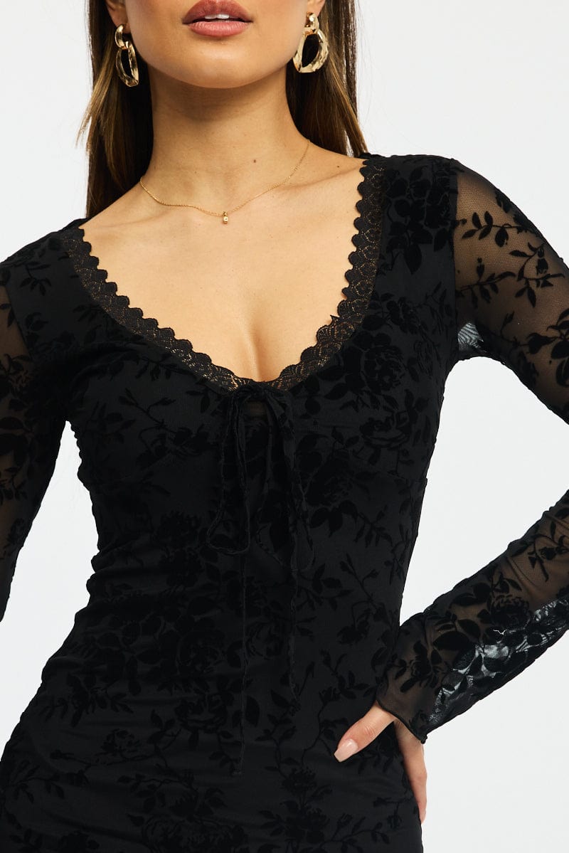 Black Bodycon Dress Mini Long Sleeve Burnout for Ally Fashion