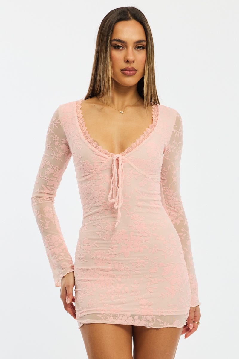 Pink Bodycon Dress Mini Long Sleeve Burnout | Ally Fashion Pink Bodycon Dress Mini Long Sleeve Burnout | Ally Fashion