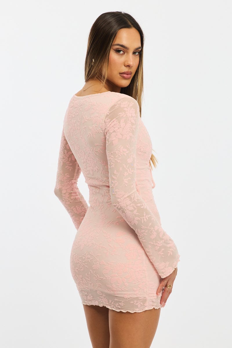 Pink Bodycon Dress Mini Long Sleeve Burnout | Ally Fashion Pink Bodycon Dress Mini Long Sleeve Burnout | Ally Fashion