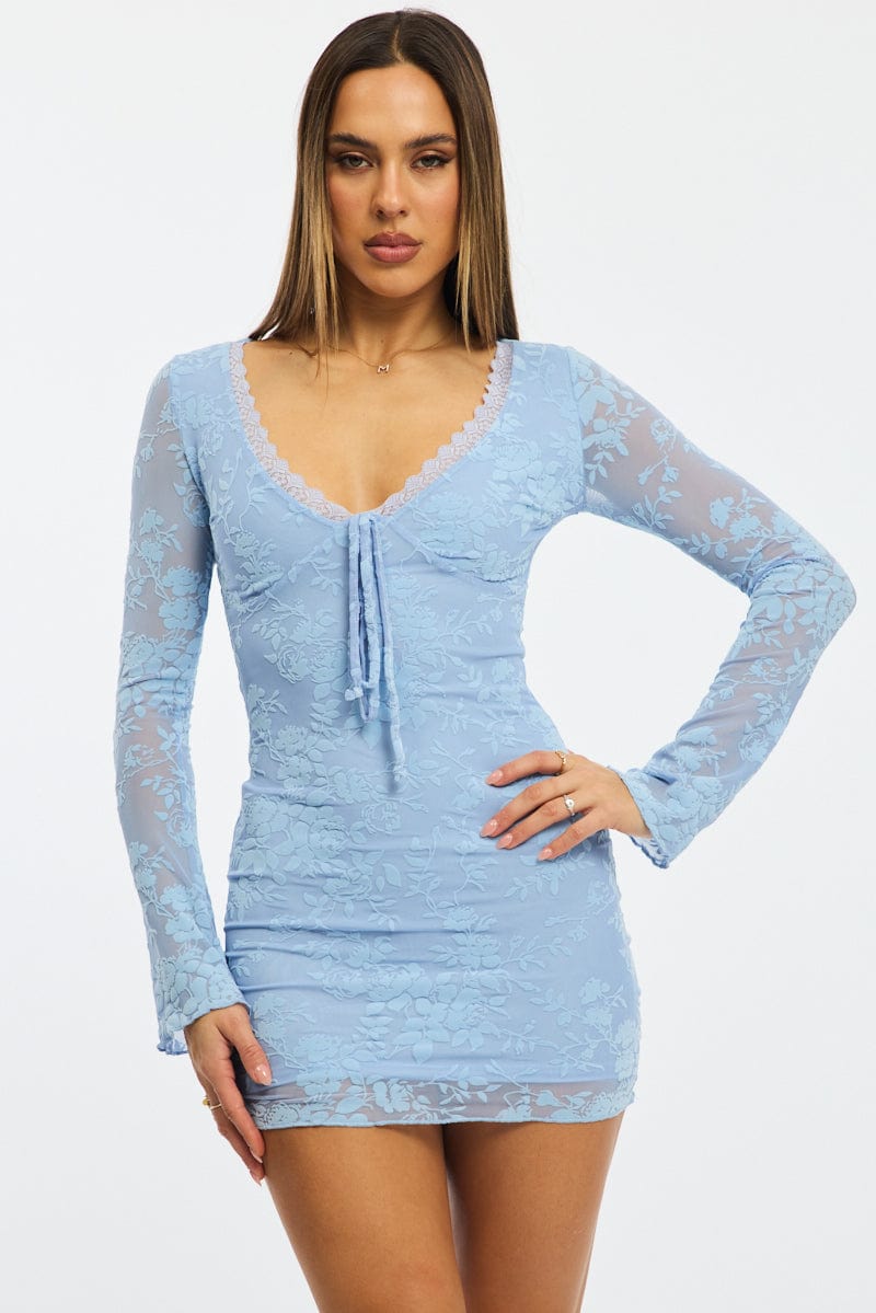 Blue Bodycon Dress Mini Long Sleeve Burnout for Ally Fashion
