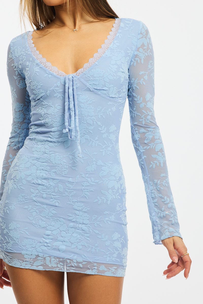 Blue Bodycon Dress Mini Long Sleeve Burnout for Ally Fashion