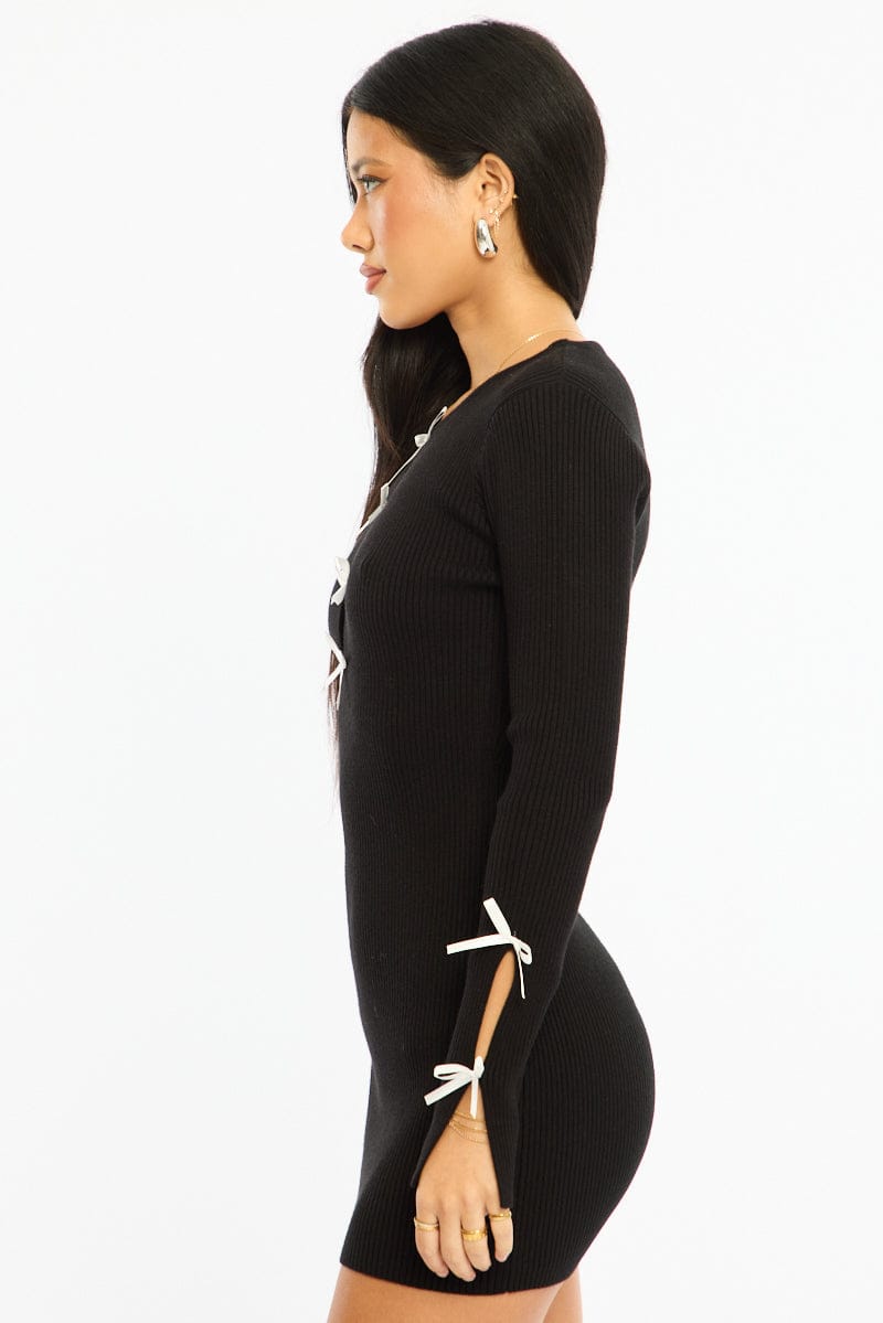 Black Knit Dress Long Sleeve Mini for Ally Fashion