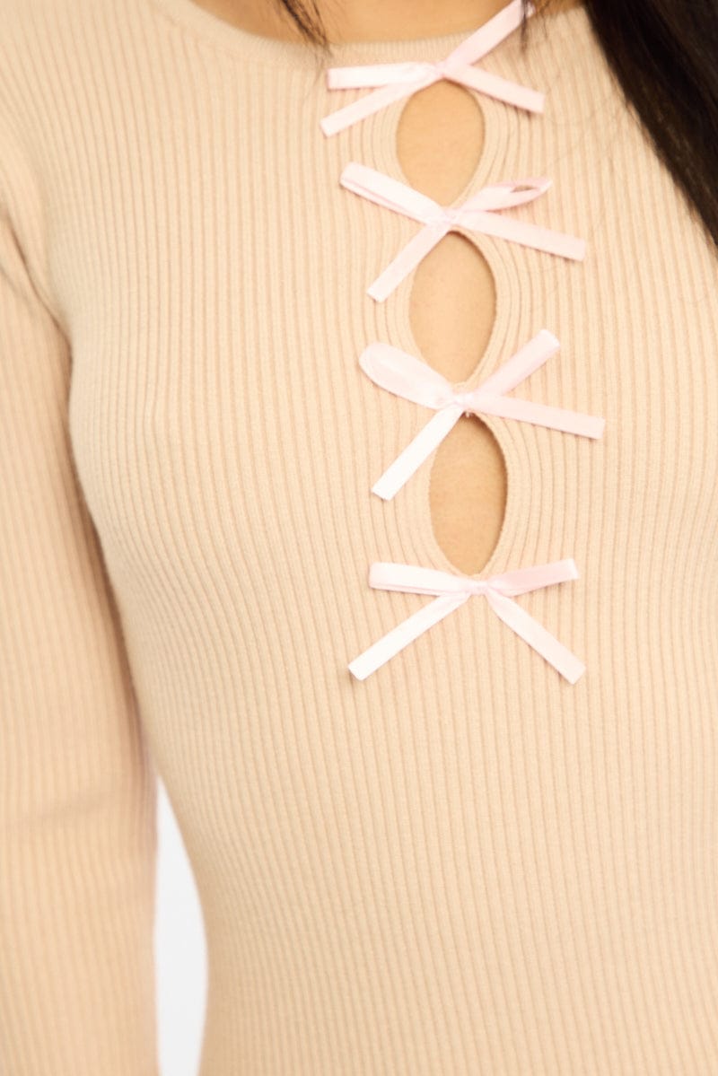 Beige Knit Dress Long Sleeve Mini for Ally Fashion