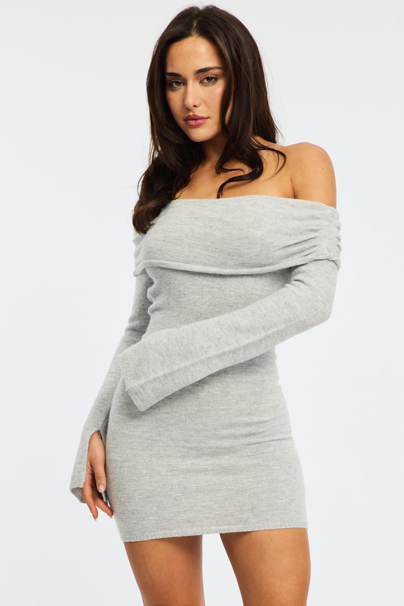 Grey Knit Dress Off Shoulder for Ally Fashion