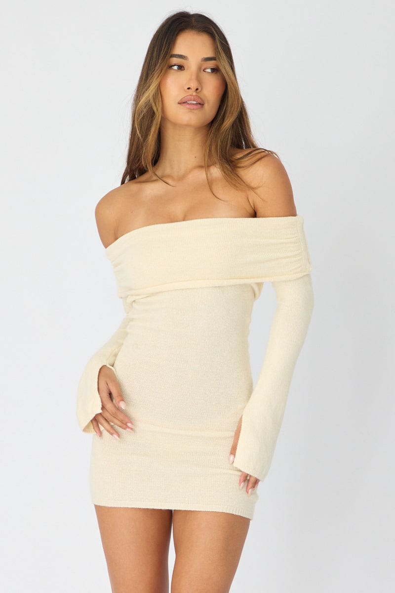White Knit Dress Off Shoulder for Ally Fashion