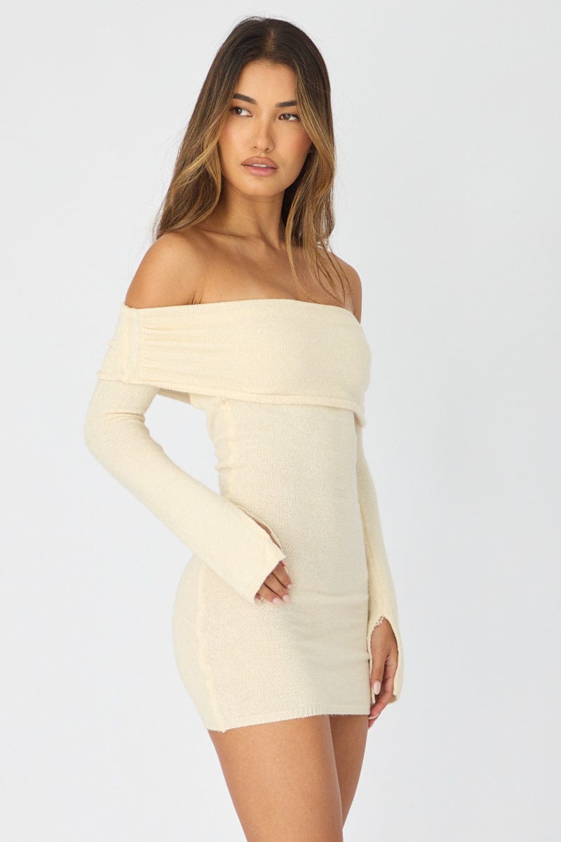 White Knit Dress Off Shoulder for Ally Fashion