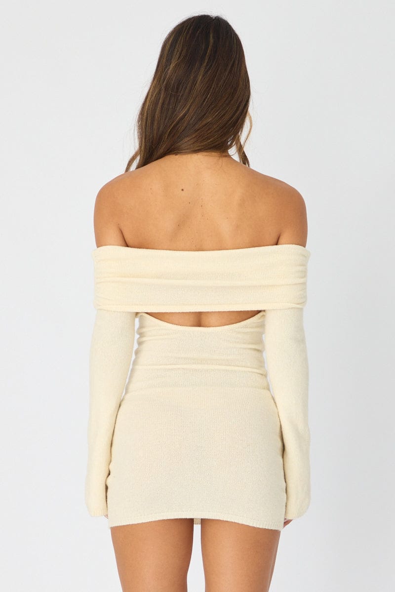 White Knit Dress Off Shoulder for Ally Fashion