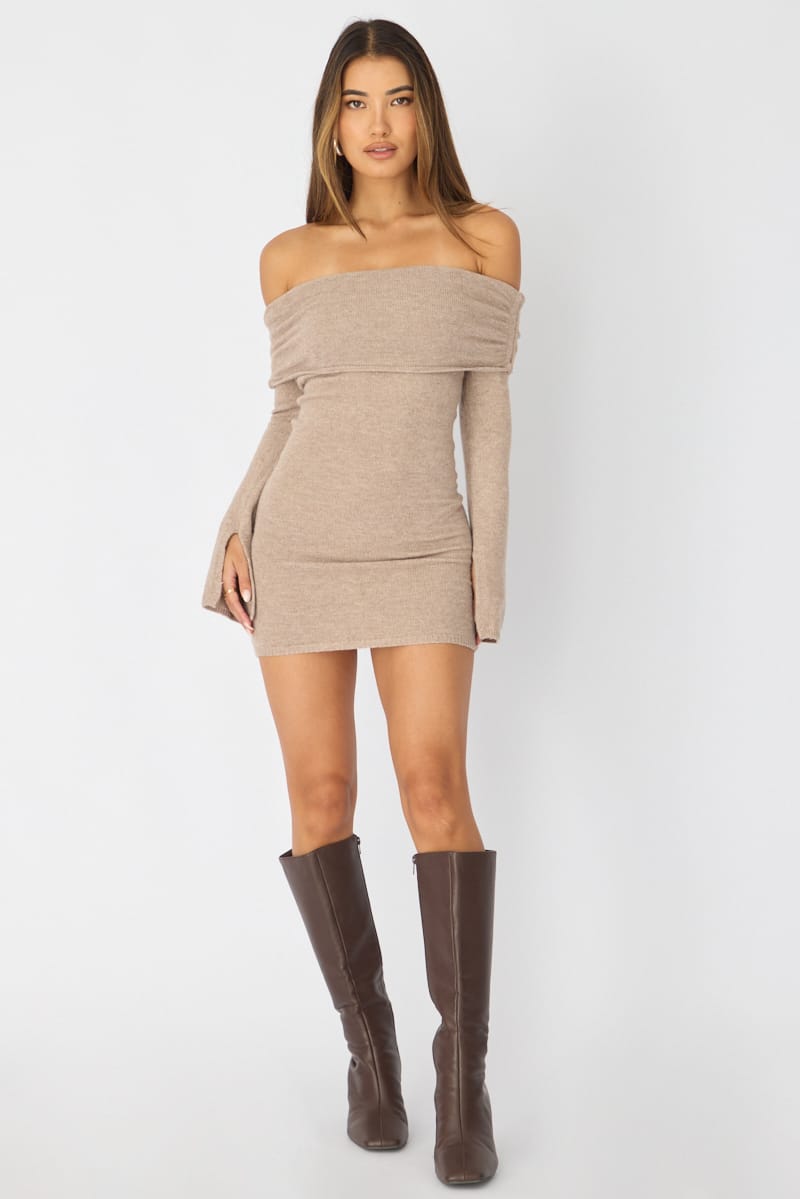Beige Knit Dress Off Shoulder for Ally Fashion