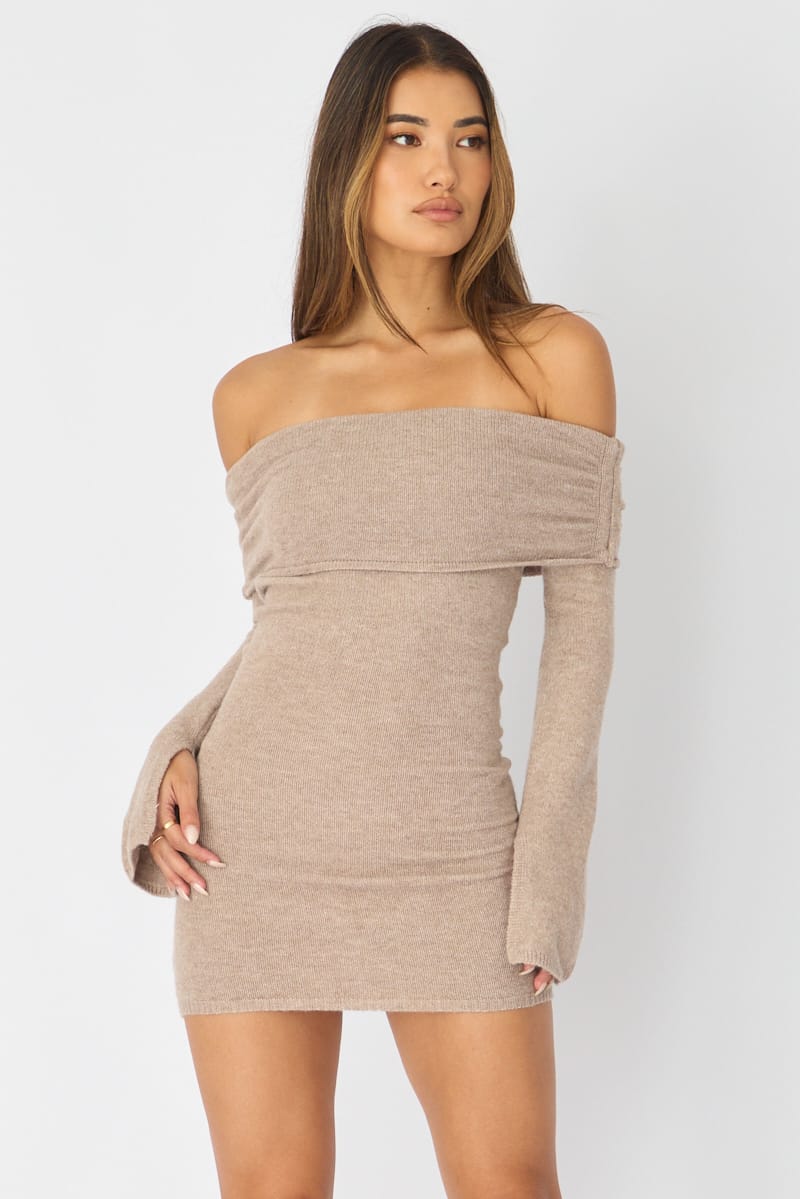 Beige Knit Dress Off Shoulder | Ally Fashion