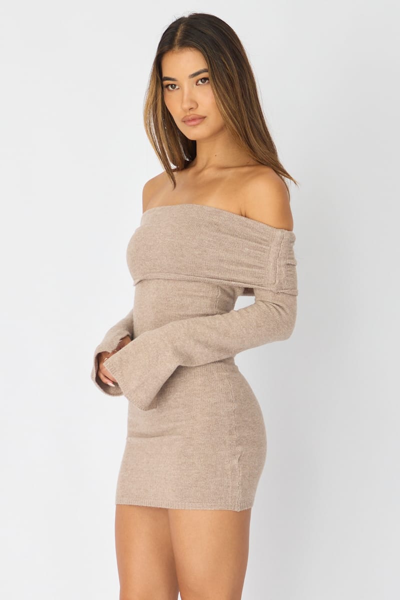 Beige Knit Dress Off Shoulder