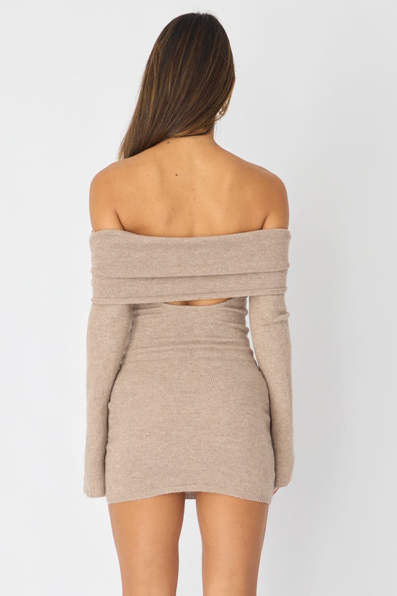Beige Knit Dress Off Shoulder for Ally Fashion
