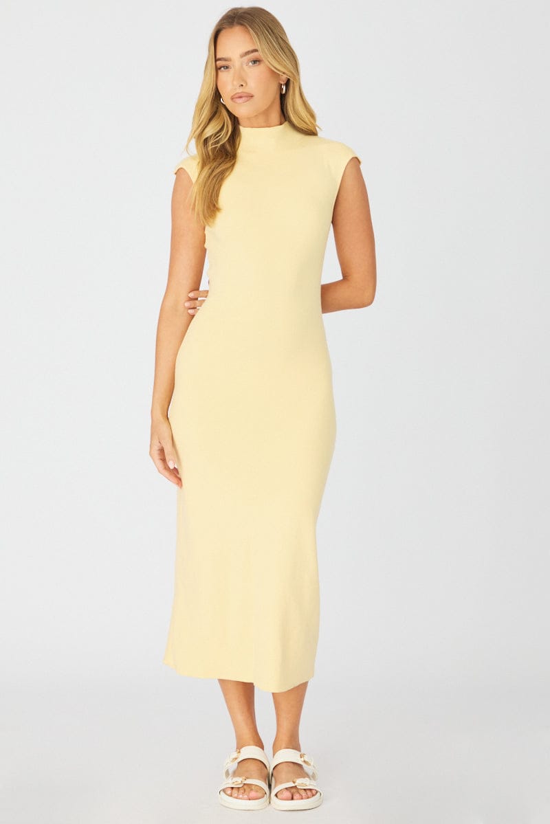 Yellow Knit Dress Midi for Ally Fashion