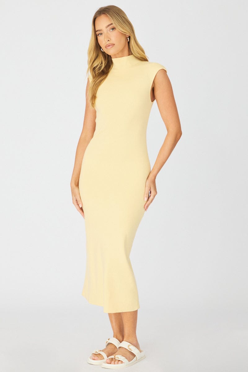 Yellow Knit Dress Midi for Ally Fashion
