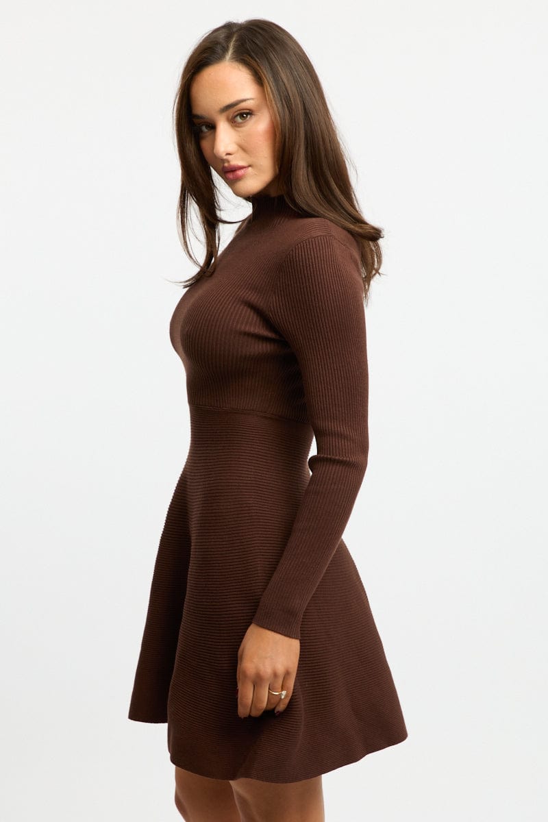 Brown Knit Dress Fit And Flared for Ally Fashion