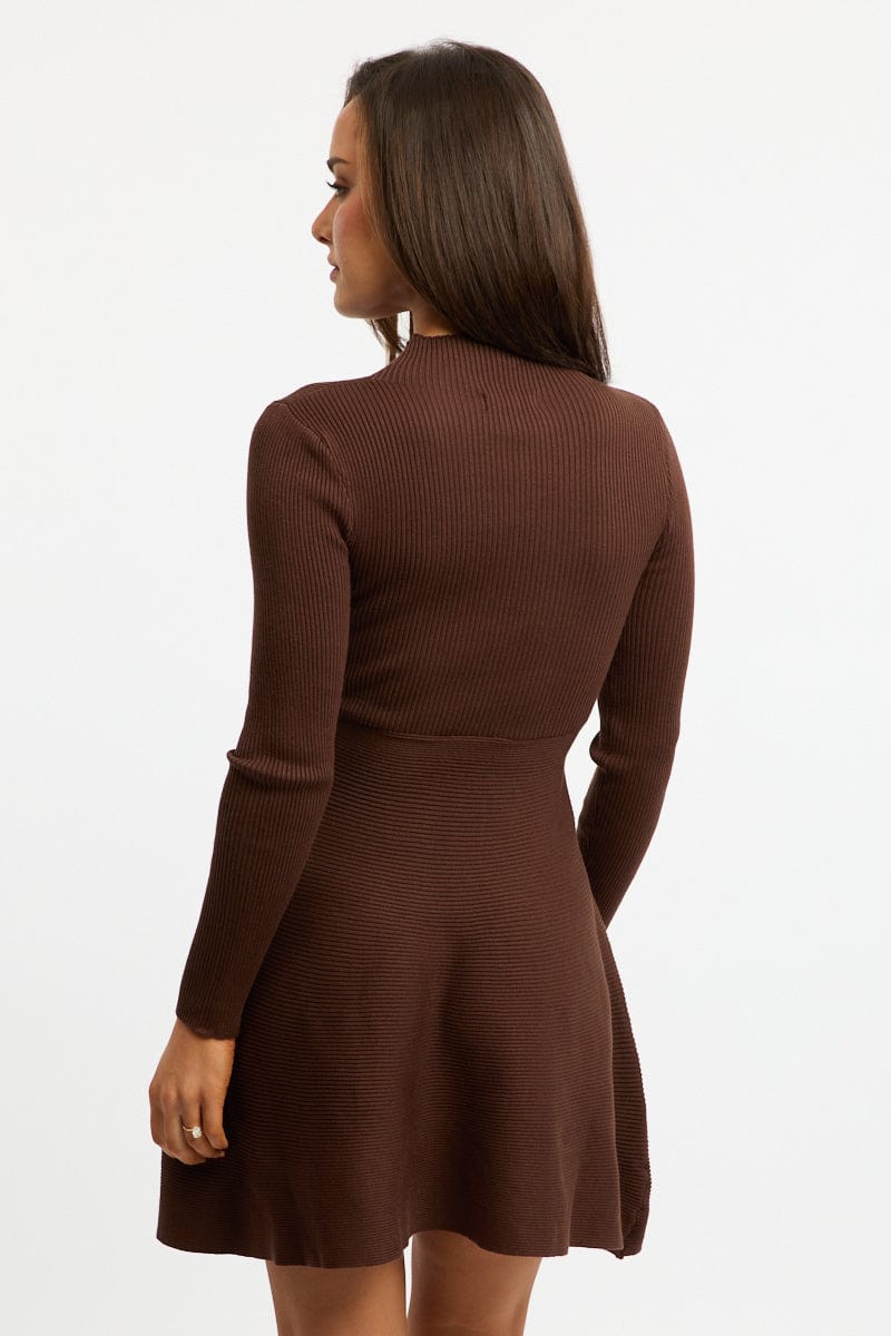 Brown Knit Dress Fit And Flared for Ally Fashion