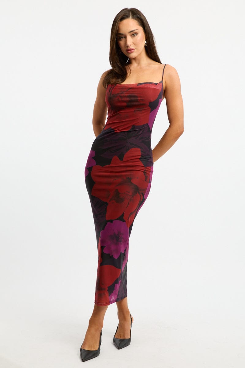 Black Floral Bodycon Dress Cowl Neck Maxi for Ally Fashion