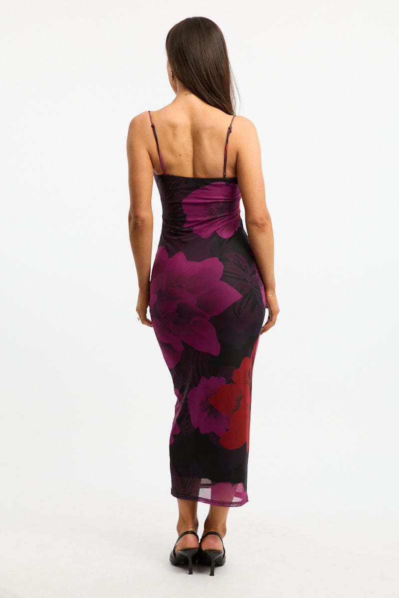 Black Floral Bodycon Dress Cowl Neck Maxi for Ally Fashion