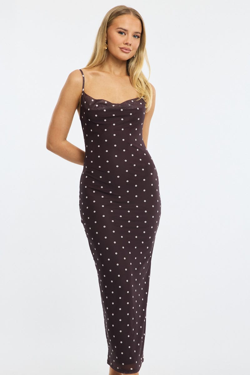 Brown Polka Dot Bodycon Dress Polka Dot Cowl Neck Maxi for Ally Fashion
