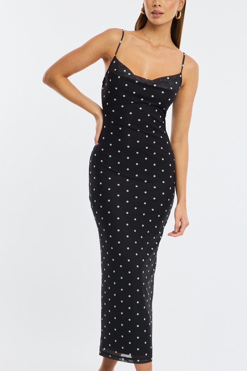 Black Polka Dot Bodycon Dress Polka Dot Cowl Neck Maxi for Ally Fashion