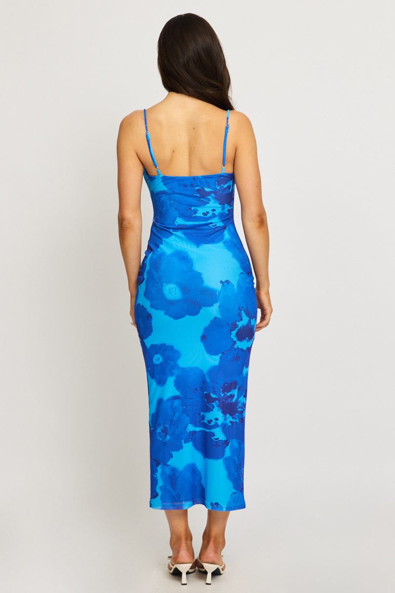 Blue Floral Bodycon Dress Cowl Neck Maxi for Ally Fashion