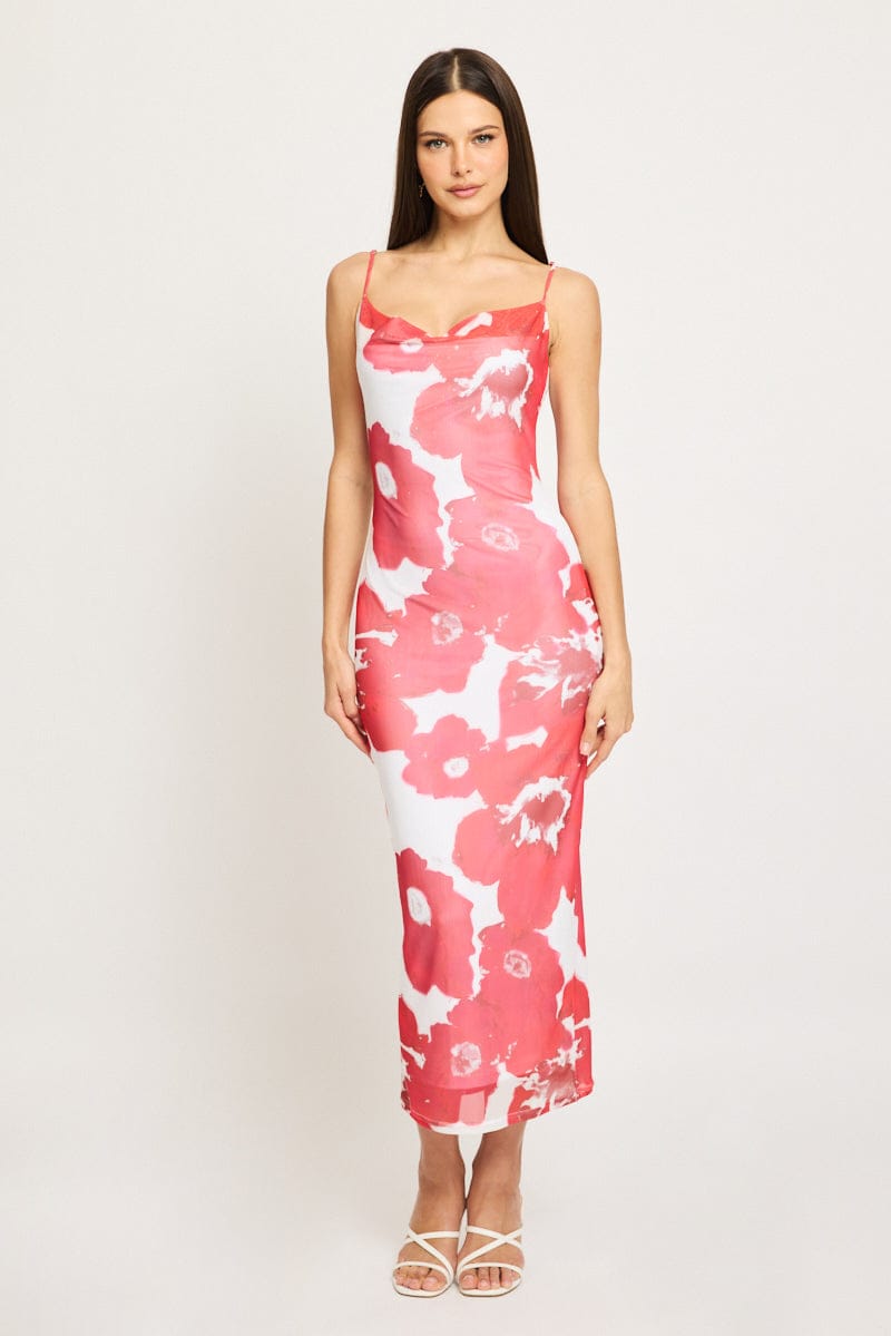 Red Floral Bodycon Dress Cowl Neck Maxi for Ally Fashion