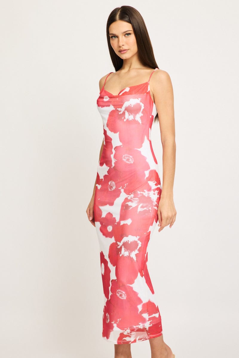 Red Floral Bodycon Dress Cowl Neck Maxi for Ally Fashion