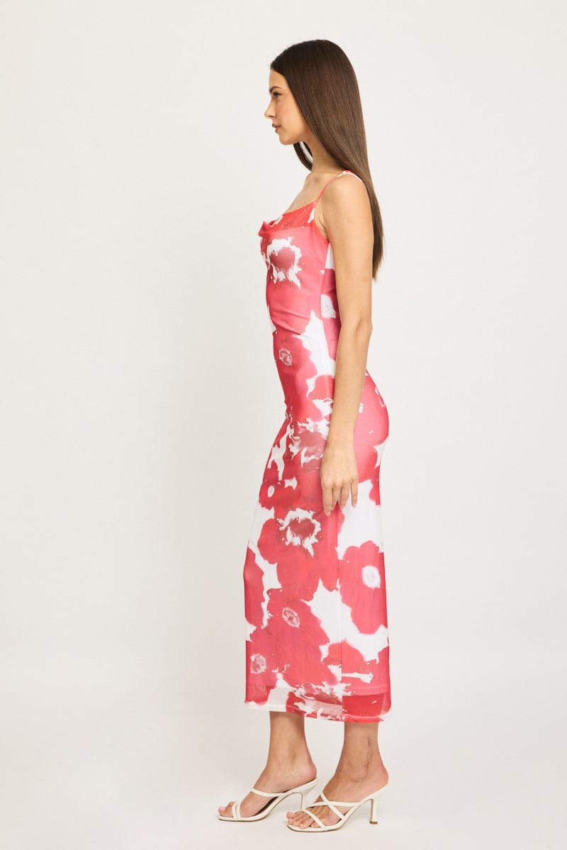Red Floral Bodycon Dress Cowl Neck Maxi for Ally Fashion
