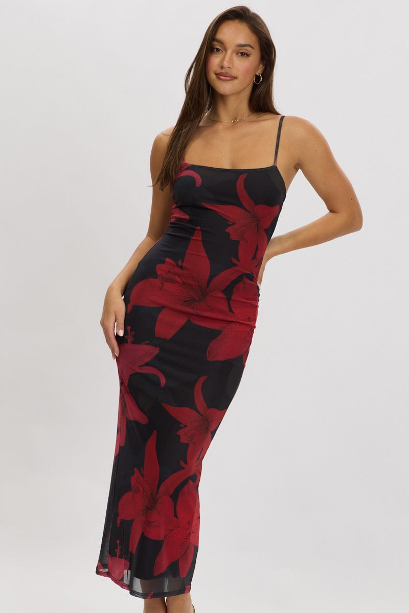 Black Floral Bodycon Dress Maxi Mesh for Ally Fashion