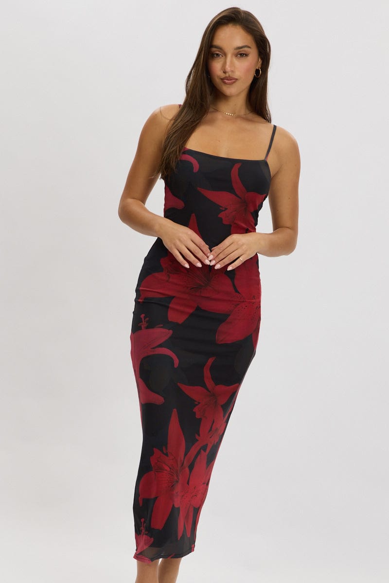 Black Floral Bodycon Dress Maxi Mesh for Ally Fashion